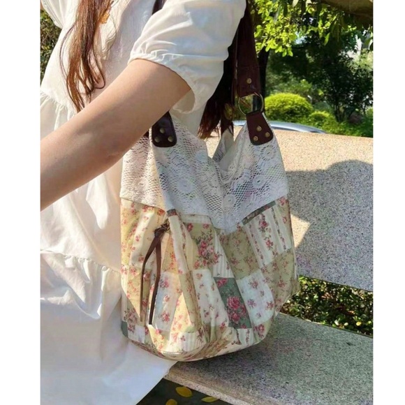 Boho Vegan leather Double Straps Floral Print patchwork Lace Shoulder Tote Bag - Picture 4 of 4
